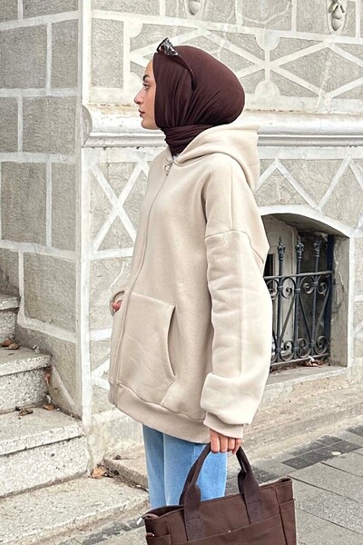 lamelif Ön Fermuarlı Düz Sweatshirt Krem