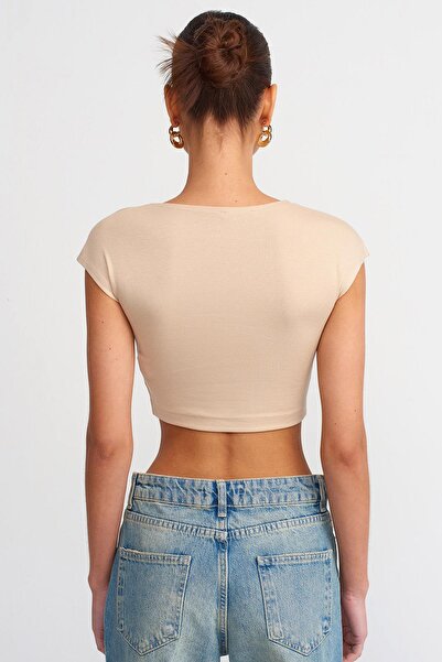 TENA Women's Stone (25608) Crew Neck Low Sleeve Full Lycra Ribbed Crop T-Shirt