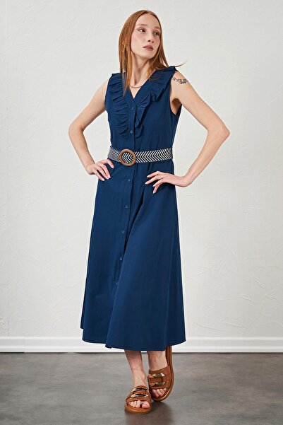 TENA Women's Indigo Collar Ruffled Buttoned Front Sleeveless Poplin Fabric Long Dress