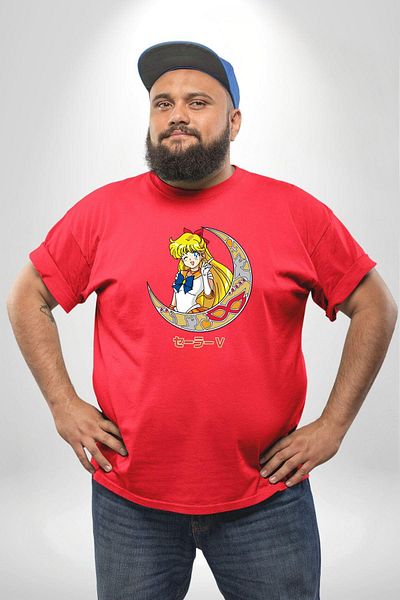 Angemiel تي شيرت Sailor Moon Anime Red - مقاس كبير، للرجال والنساء للجنسين، نموذج أساسي مطبوع من الأمام