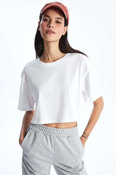 TENA Women's White Crew Neck Oversize Single Jersey Basic Crop T-Shirt