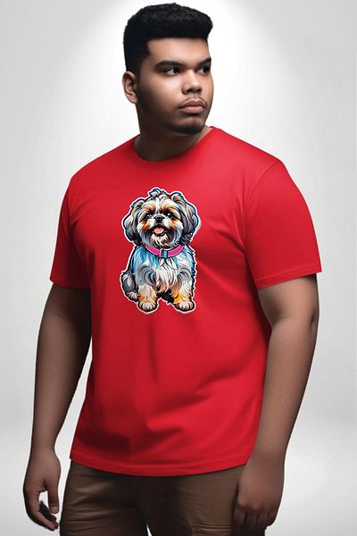 Angemiel تي شيرت أحمر كبير الحجم للرجال والنساء للجنسين بنمط Shih Tzu