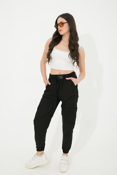 TENA Women's Black Elastic Leg Belted Cargo Pocket Trousers