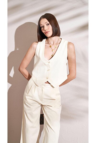 TENA Natural Herringbone Patterned Gabardine Women's Vest - Front Button