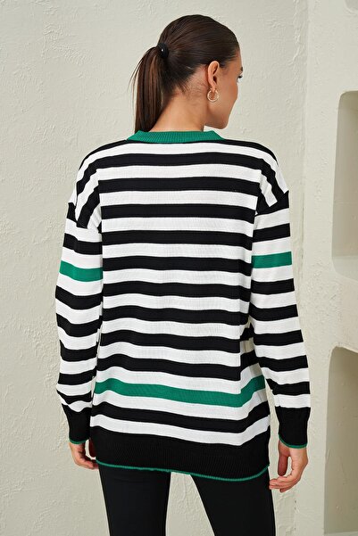 TENA Women's Emerald-Black-Ecru Crew Neck Three Color Striped Knitwear Sweater