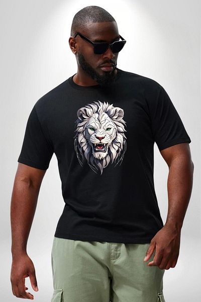 Angemiel تي شيرت Tiger Roar للجنسين مقاس كبير - أسود، أبيض، مطبوع من الأمام