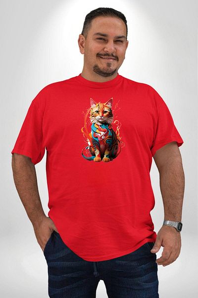 Angemiel Red Colored Paint Cat Plus Size Unisex T-Shirt - Front Printed