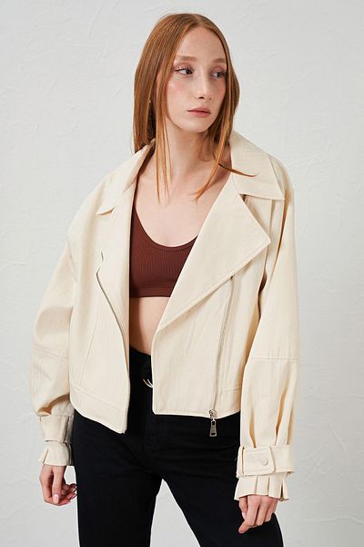 TENA Women's Natural Side Zipper Sleeve Cuffed Fish Back Gabardine Jacket