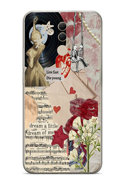 moonset Huawei Mate 20 Lite Uyumlu Live Fast Kolaj Tasarımlı Baskılı Şeffaf T...