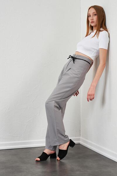 TENA Women's Gray High Waist Leather Belt Poplin Trousers