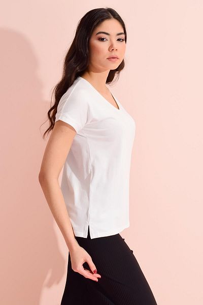 TENA Tricou casual ecru cu decolteu în V pentru damă