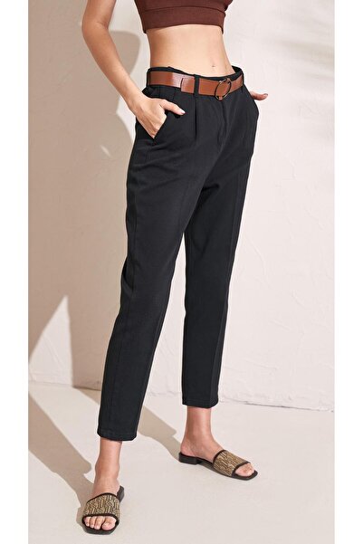 TENA Black Gabardine Belted Women's Carrot Trousers