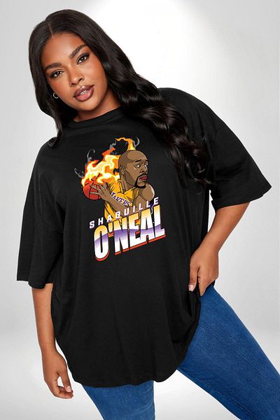 Angemiel تي شيرت كرة السلة Shaquille Oneal Star باللون الأسود - مقاس كبير، للرجال والنساء للجنسين، طباعة أمامية أساسية