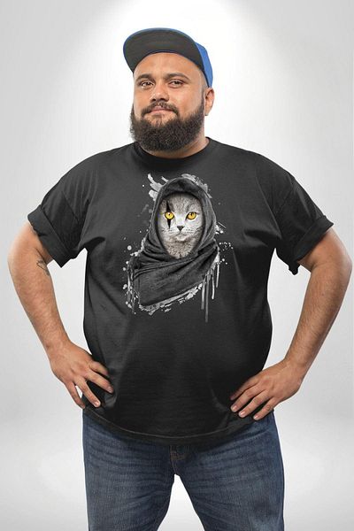 Angemiel تي شيرت أسود للجنسين من Safari Cat Shawl مقاس كبير - مطبوع من الأمام