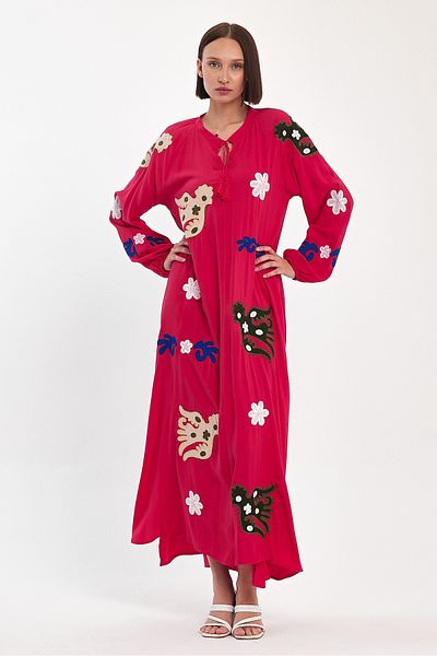 Denismoda Women's Long Sleeve Applique Detailed Long Viscose Dress