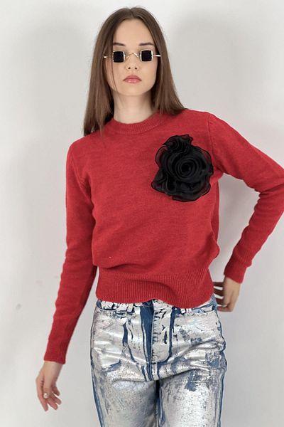 Miss Poem Women's Winter Crew Neck Rose Detailed Red Knitwear Sweater