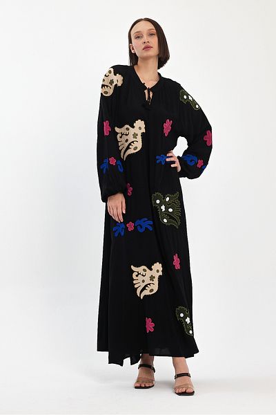Denismoda Women's Long Sleeve Applique Detailed Long Viscose Dress