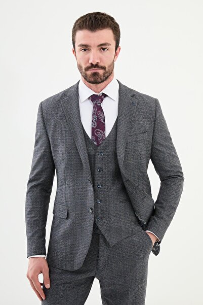 Mcr Plaid Slim Fit Jumpsuit Collar Men's Suit Navy Blue - 45365.24K