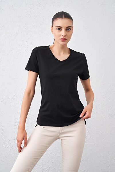 TENA Women's Black Collar Ribbed V-Neck Basic T-Shirt