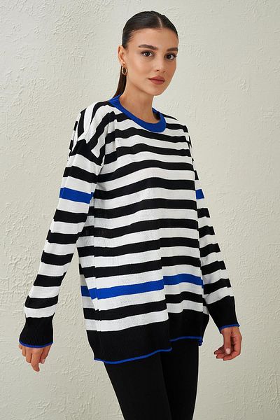 TENA Women's Saks-Black-Ecru Crew Neck Three Color Striped Knitwear Sweater