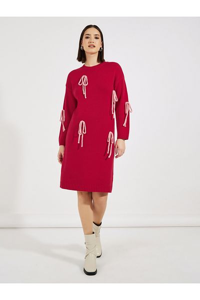 Styli Bow Detail Knit Sweater Knee Length Dress
