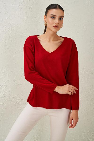 TENA Women's Red V-Neck Casual Knitwear Sweater