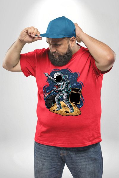 Angemiel تي شيرت أساسي للجنسين من Space Red Guitar Astronaut مقاس كبير للرجال والنساء