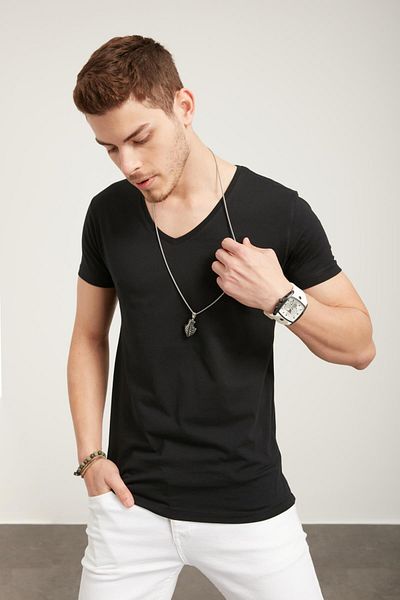 TENA MODA Men's Black V-Neck Basic T-Shirt