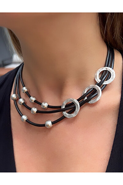 Kutcha Accessories Siyah Ve Gümüş Boncuklu Çoklu Tasarım Kolye