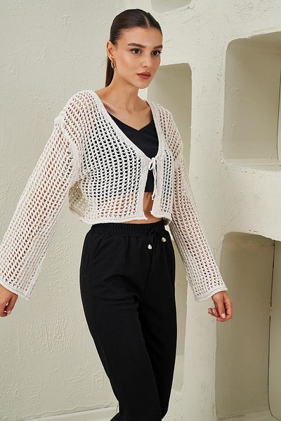 TENA Ecru Women's Crop Cardigan - Lace-up Front and Perforated