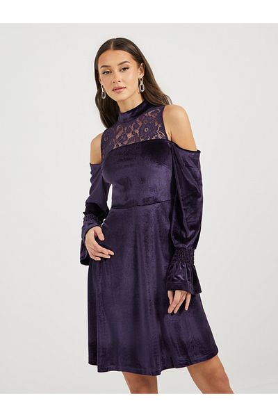 Styli Velvet Lace Cold Shoulder A-Line Mini Dress
