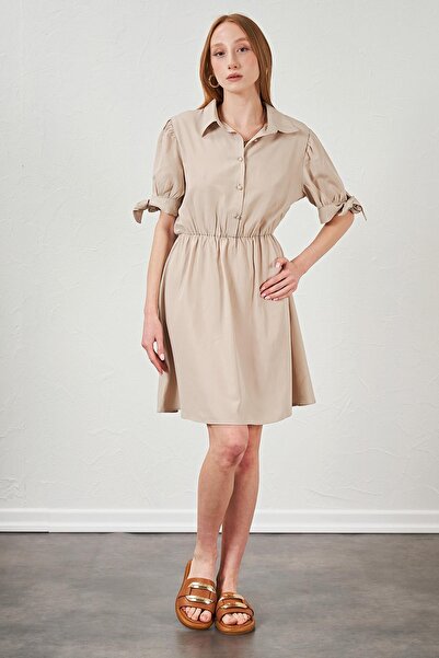 TENA Γυναικείο μπεζ φόρεμα με δεμένα μανίκια από ποπλίνα