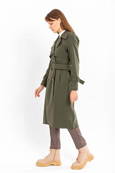 PASTELASTORE Haki %100 Pamuk Gabardin Uzun (110CM) Astarlı Kemerli Kadın Trençkot 1111