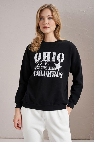 TENA Hanorac negru cu gât roșu pentru femei, cu imprimeu Ohio, cu trei fire