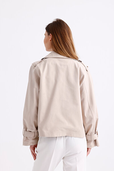 PASTELASTORE Stone Color 100% Cotton Gabardine Lined Oversize Wide Fit Women's Crop Short Trench Coat 1122