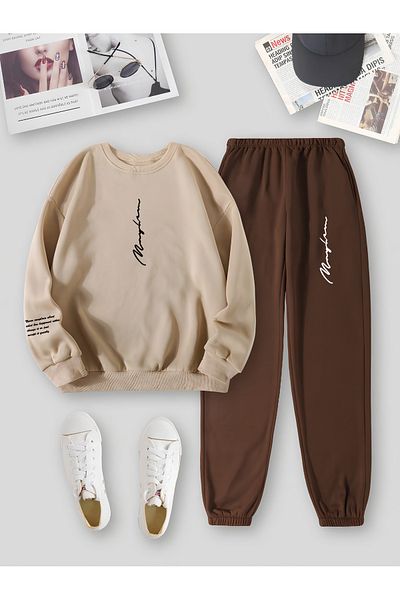 Revasser Unisex Women'S/Men's Never Custom Printed Cotton Oversize Jogger Sweatshirt Bottom Top Set