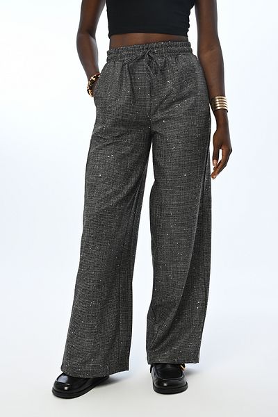 Orfeo Negro PANTALONI DE FEMEIE CU TALIE ELASTICĂ, CU BORURI LARGI, BRODAȚI CU PAUL