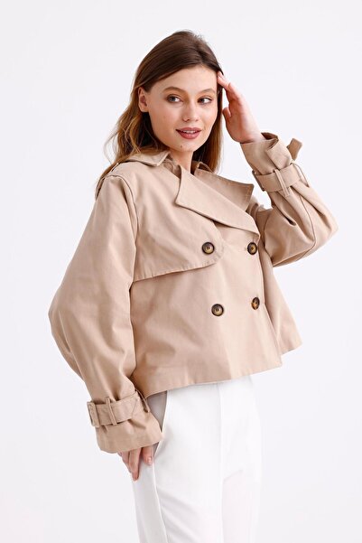 PASTELASTORE Açık Bej %100 Pamuk Gabardin Astarlı Oversize Geniş Kalıp Kadın Crop Kısa Trençkot 1122