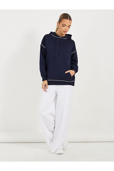 Styli Oversized Longline  Slogan Hoodie with Contrast Stitch