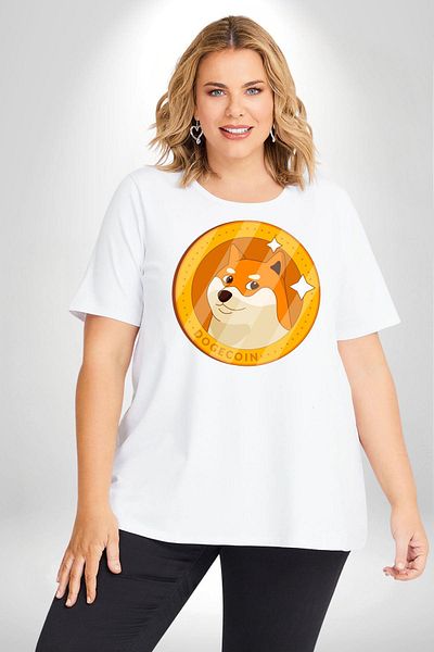 Angemiel Doge Coin أبيض مقاس كبير - تي شيرت مطبوع من الأمام للجنسين