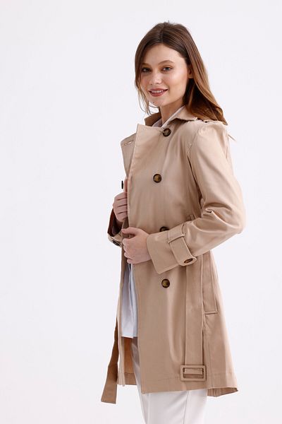 PASTELASTORE Stretchy Cotton Gabardine Short (80CM) Women's Trench Coat with Shoulder Epaulettes and Belt 1120