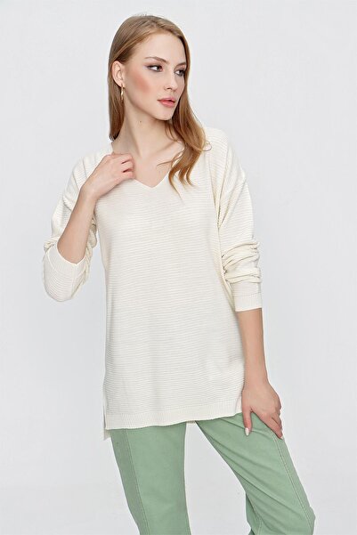 TENA Women's Ecru V-Neck Casual Knitwear Sweater