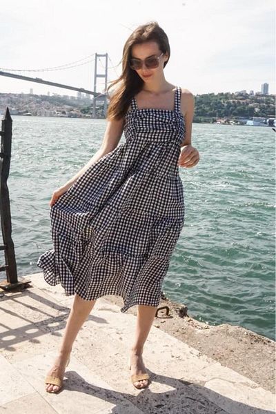 PASTELASTORE Rochie de vară cu bretele cu model vichy, lungime midi, pentru femei 1300