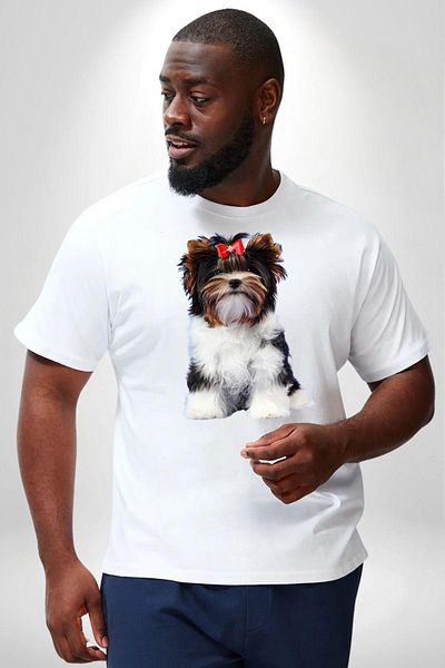 Angemiel تي شيرت أبيض مطبوع عليه Yorshire Terrier - مقاس كبير، للجنسين، مطبوع من الأمام