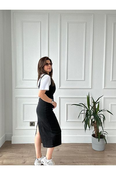 Arzu Emiroğlu Thick Strap Midi Length Black Washed Denim Dress with Back Slit