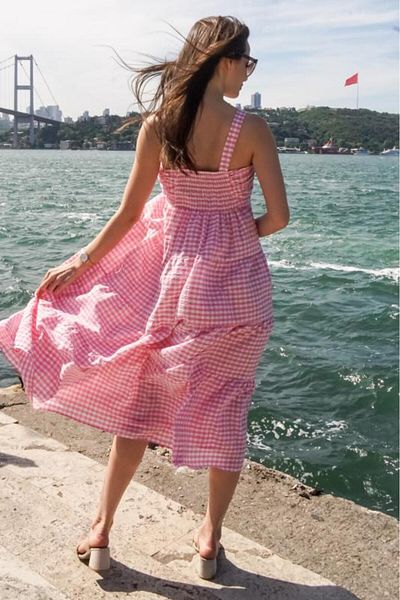 PASTELASTORE Rochie de vară cu model Gingham cu bretele, lungime midi, pentru femei 1300