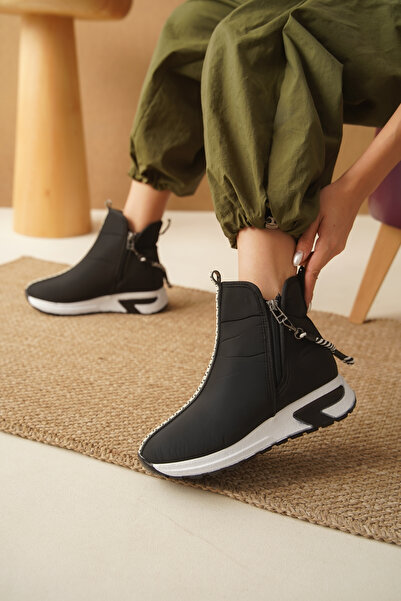 Taran Kadın Spor Bot Fermuar Detaylı Dalgıç Kumaş Kalın Tabanlı Siyah Streç Bot Jasmin