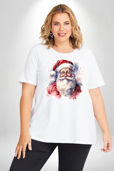Angemiel تصميم رأس السنة الجديدة Happy Santa - تي شيرت أبيض كبير الحجم مطبوع أساسي للجنسين