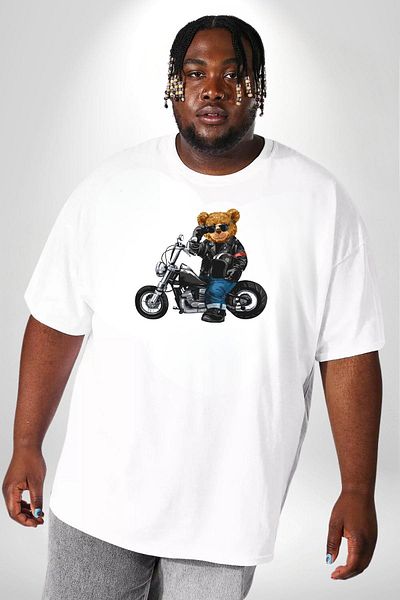 Angemiel White Plus Size Women's Men's Unisex T-Shirt - Helmet Sunglasses Motor Bear Front Printed
