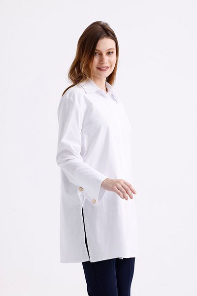 PASTELASTORE Cămașă cu tunică lungă din popelin elastic, 96% bumbac, pentru femei - 1160 cu manșete largi